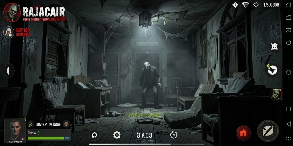 Tampilan antarmuka mencekam dalam game RAJACAIR menghadirkan suasana Horor Rumah.